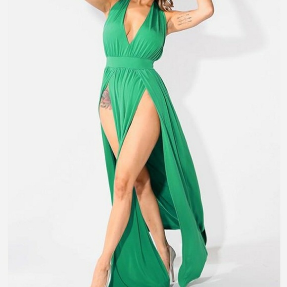 Green Double Slit Open Back Formal Dress - Picture 4 of 6